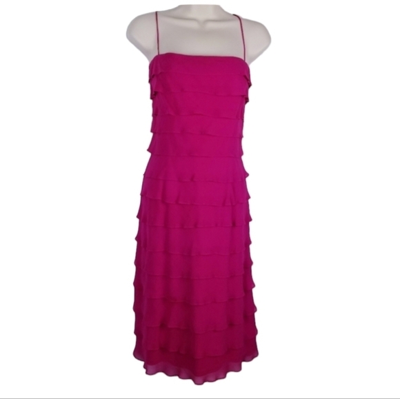 Tadashi Shoji Pink Silk Midi Dress Layered Ruffles Spaghetti Straps Small Vintag - Picture 1 of 10